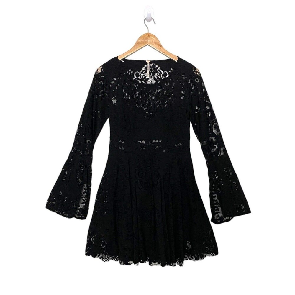 Free People Black Lace Mini Dress Size 4 Bell Sleeve Whimsigoth Witch Vibes